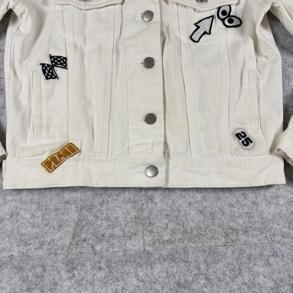 XACT Womens Small White Button Up Denim Jean Jacket w/ Allover Patches - FLAWED - Picture 2 of 16